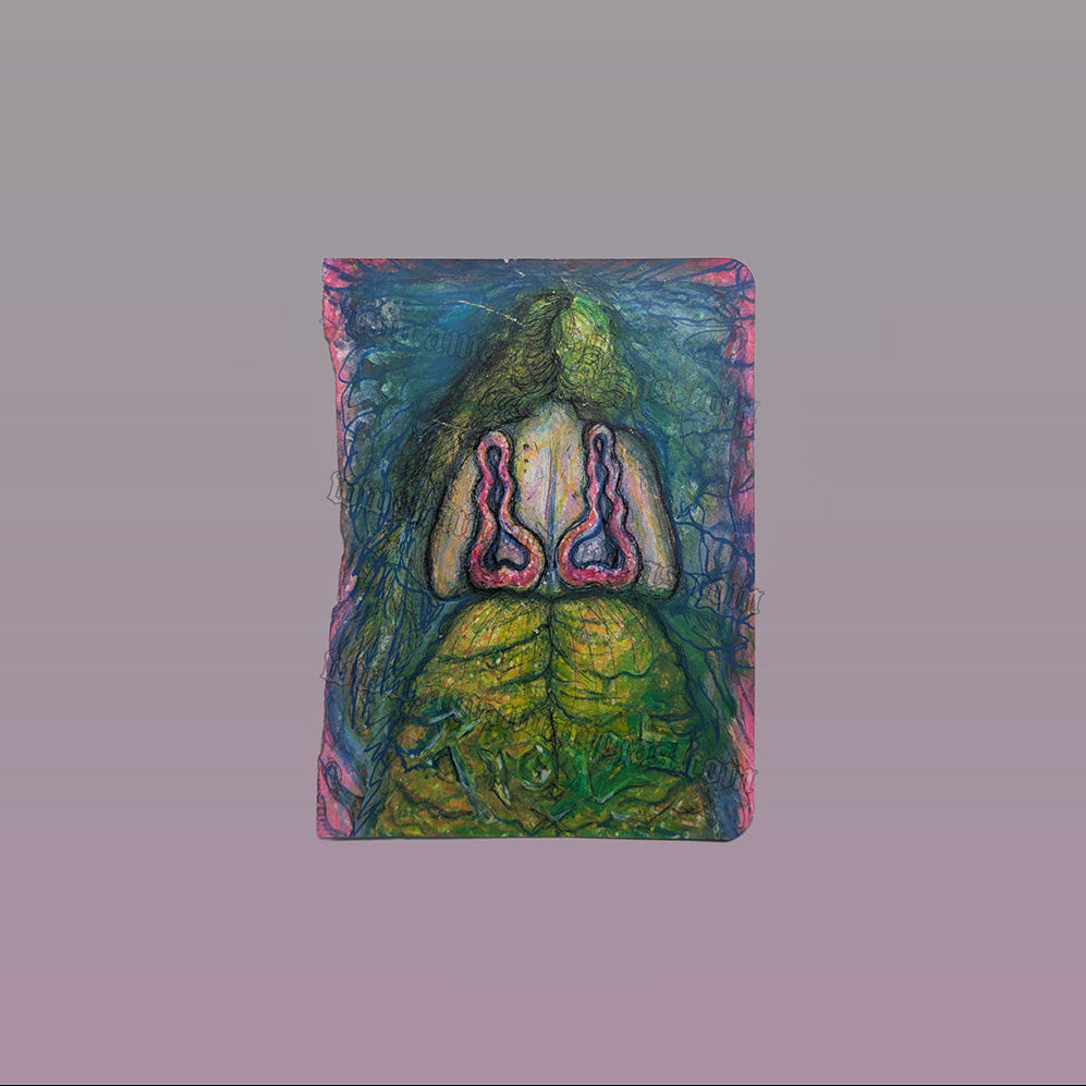 A small rectangular artwork centered on a plain mauve-gray background. The artwork depicts a stylized figure with green and yellow tones, blue surroundings, and pink accents.