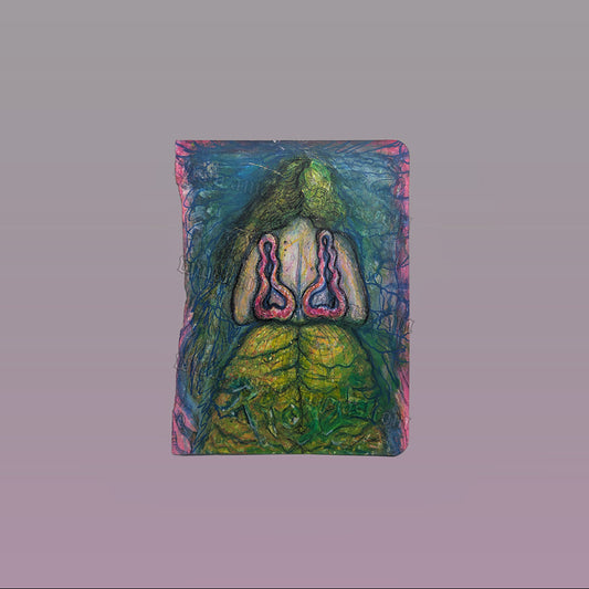 A small rectangular artwork centered on a plain mauve-gray background. The artwork depicts a stylized figure with green and yellow tones, blue surroundings, and pink accents.