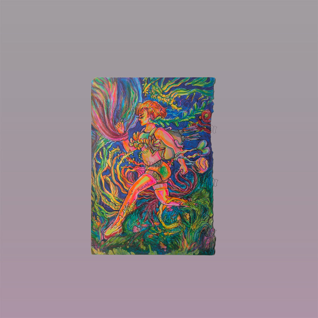 A rectangular art print or book cover featuring a colorful psychedelic illustration of a woman surrounded by swirling neon green, blue, pink, and yellow abstract forms, centered on a plain mauve-gray background.